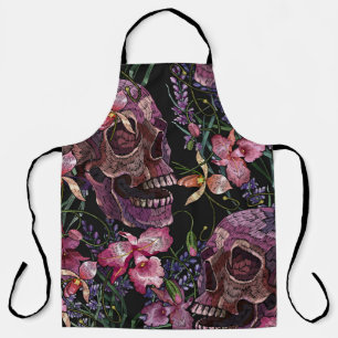 Tablier Broderie crâne humain et fleurs d'orchidées roses 