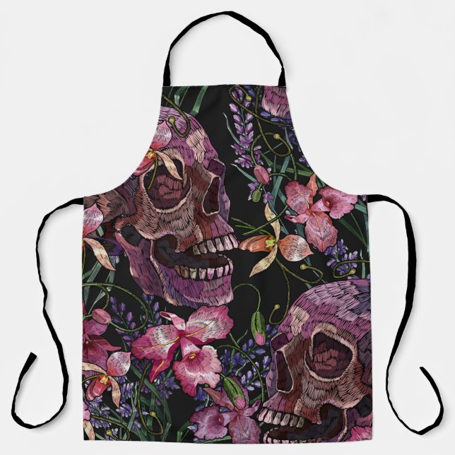 Tablier Broderie crâne humain et fleurs d'orchidées roses  (Recto)