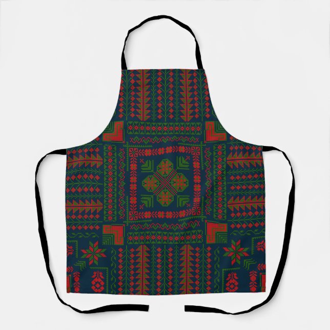 Tablier Broderie palestinienne Tatreez rouge vert 5 Motif (Recto)