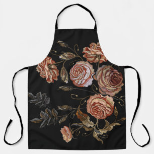 Tablier Broderie vintage : roses sur noir.