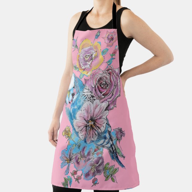 Tablier Budgie Aquarelle Rose Floral Design Pink Apron (Insitu)