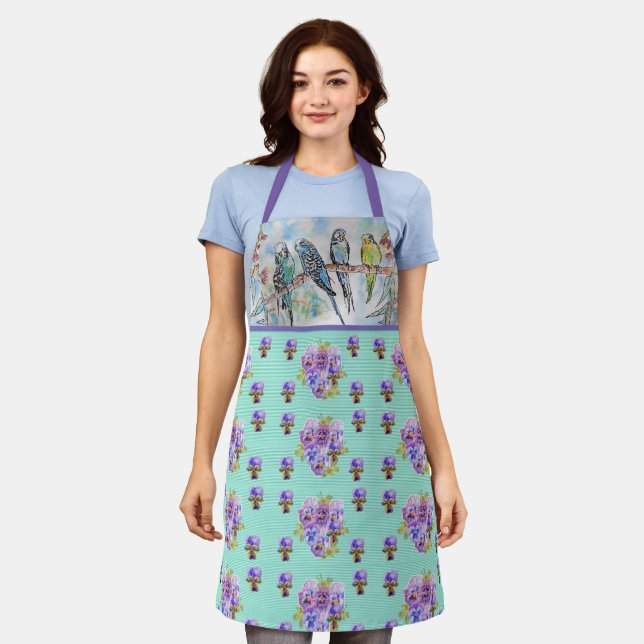 Tablier Budgie Budgies et fleurs Mint Green Womans Apron (Porté)