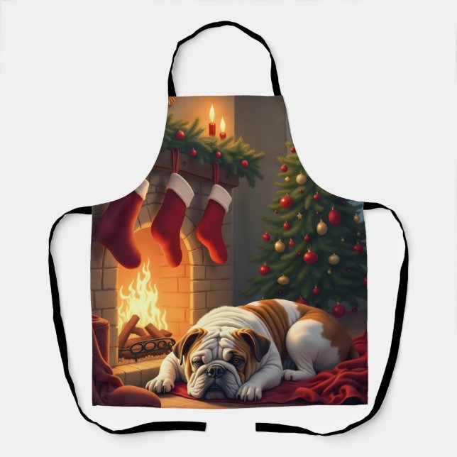 Tablier Bulldog by the Fireplace Christmas Painting (Recto)