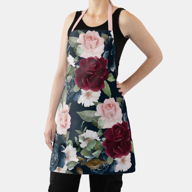 Tablier Burgundy & Navy Motif Floral Monogramme Marine (Insitu)