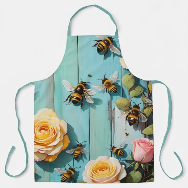 Tablier Busy Bees with Pink and Yellow Roses on Old Fence (Recto)