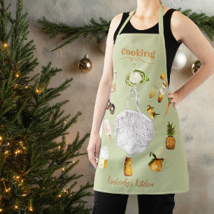 Tablier Cadeau de Noël Vert Rustique Épicerie Aquarelle