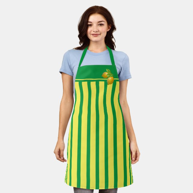 Tablier Café Apron Vert et Grille de citron avec citrons (Porté)