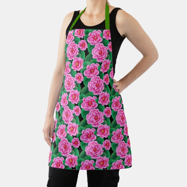 Tablier Camellias rose Fuchsia et Feuilles verts Jade (Insitu)