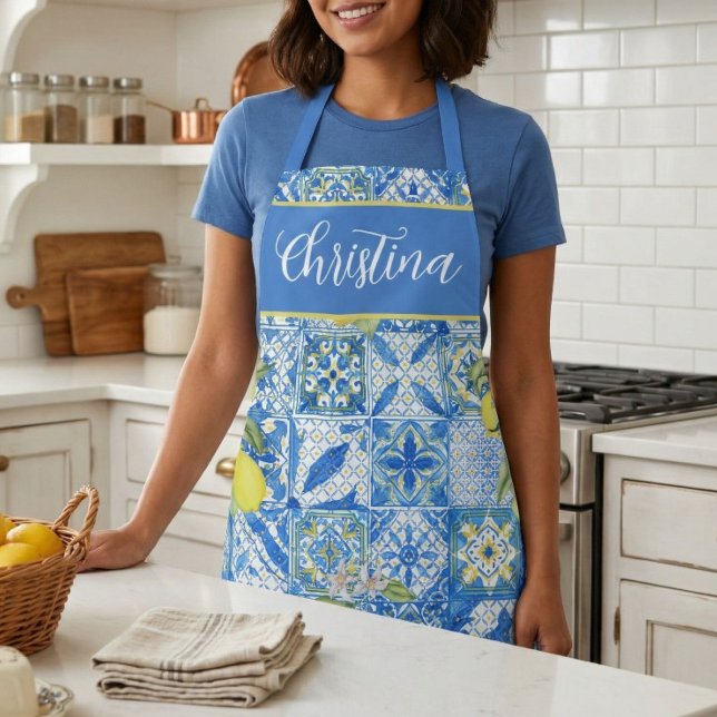 Tablier Carreau bleu motif provençal français au citron (Créateur téléchargé)
