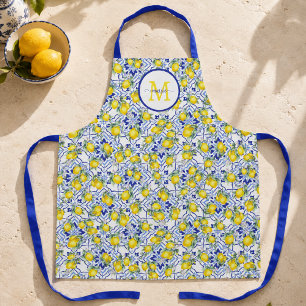 Tablier Carreau de style provençal bleu citron avec monogr