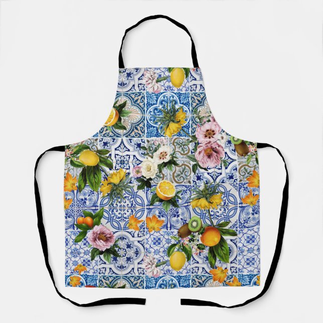 Tablier Carrelage de style sicilien avec fleurs et citron  (Recto)
