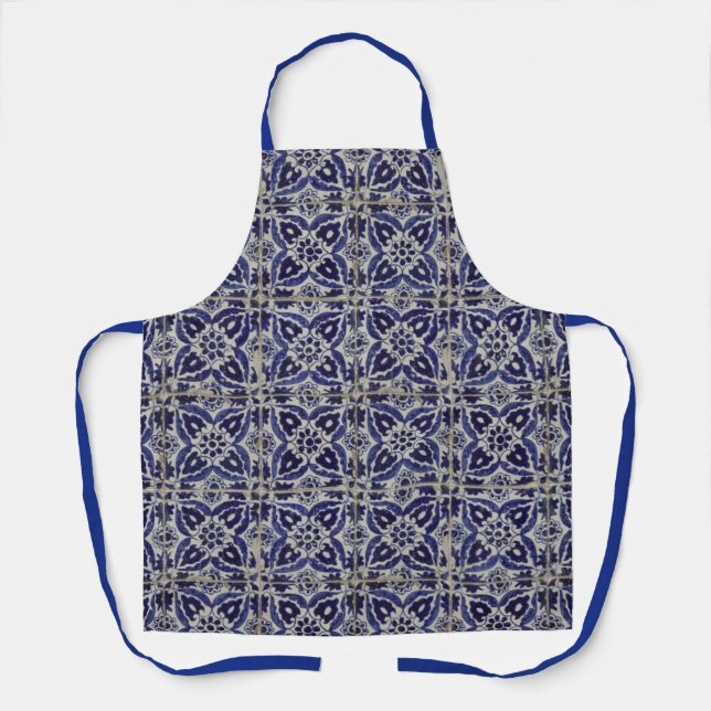 Tablier Carrelage italien rustique Azulejo bleu blanc géom (Recto)