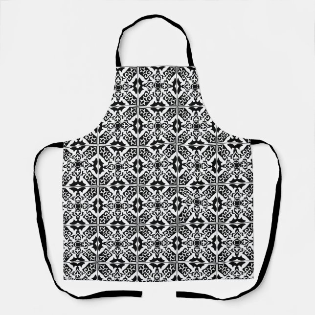 Tablier Carrelage marocain, blanc avec arrière - plan noir (Recto)