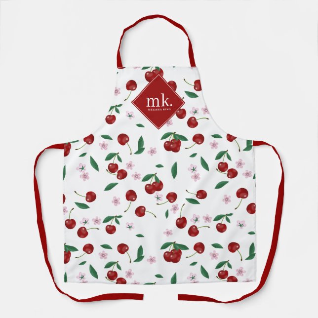 Tablier Cerises rouges Verdure & Fleurs de cerises Monogra (Recto)
