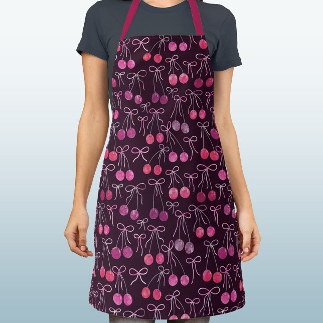 Tablier Cerises Rubans et vaches Aquarelle Motif foncé (Watercolor cherries, ribbons and bows pattern black cherry apron)