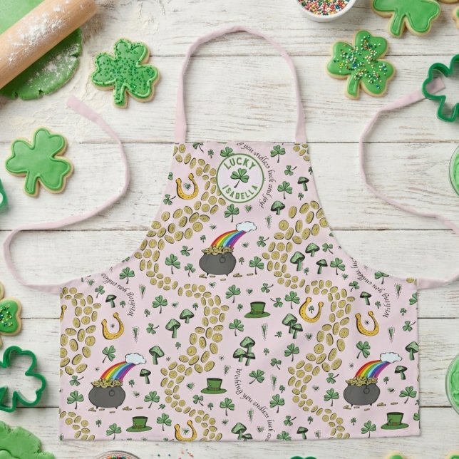 Tablier Chance & Joie Pièces et Jour de la Saint Patrick S (Cute Pink and Green St Patricks Day Kids Apron. Hand Drawn Rainbow, Pot of Gold, Green Shamrocks)