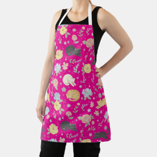 Tablier Charming Cat and Pastel Flower Pattern Apron