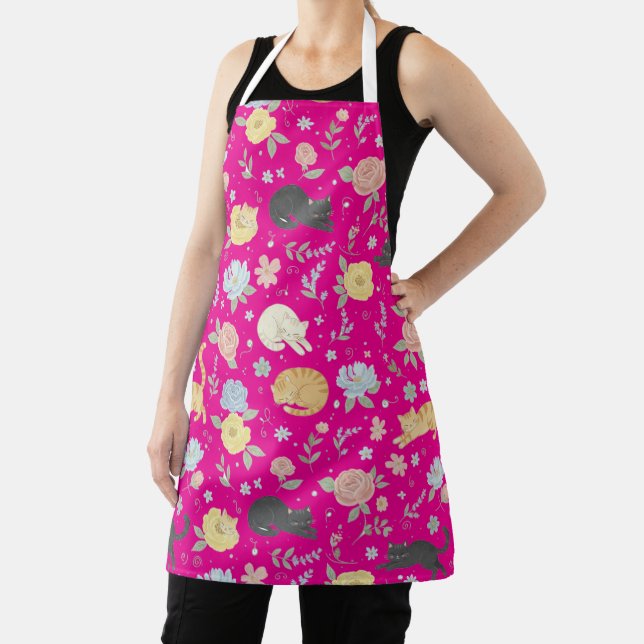 Tablier Charming Cat and Pastel Flower Pattern Apron  (Insitu)