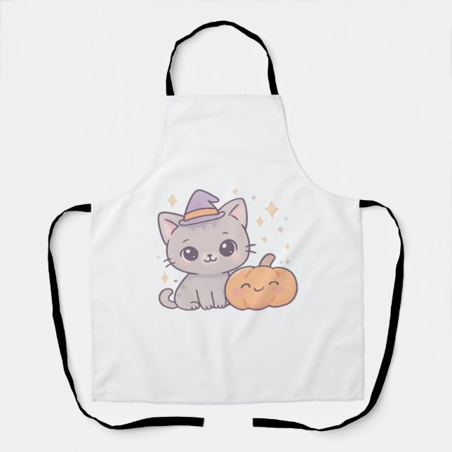 Tablier Chat avec sorcière Casquette et Citrouille sourian (Recto)