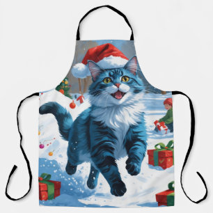 Tablier Chat bleu oriental assis dans la neige avec un cha