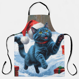 Tablier Chat Bleu Russe Courant dans la Neige avec un Chap