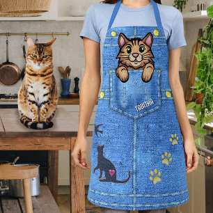 Tablier Chat Brown dans la poche Faux Denim avec nom perso