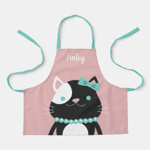Tablier Chat chic avec collier de perle Nom rose