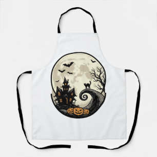 Tablier Chat de Halloween Vintage Maison Hantée Lune Vecte