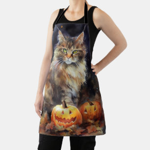 Tablier Chat Maine Coon Halloween avec citrouilles effraya