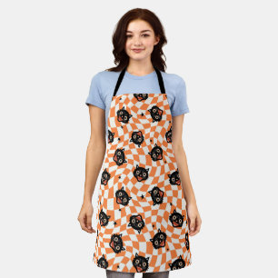 Tablier Chat noir rétro Motif chèque orange
