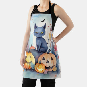 Tablier Chat Oriental Bleu Halloween avec des citrouilles