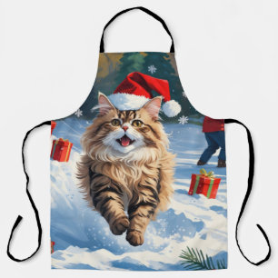 Tablier Chat Persan Assis dans la Neige avec un Chapeau de