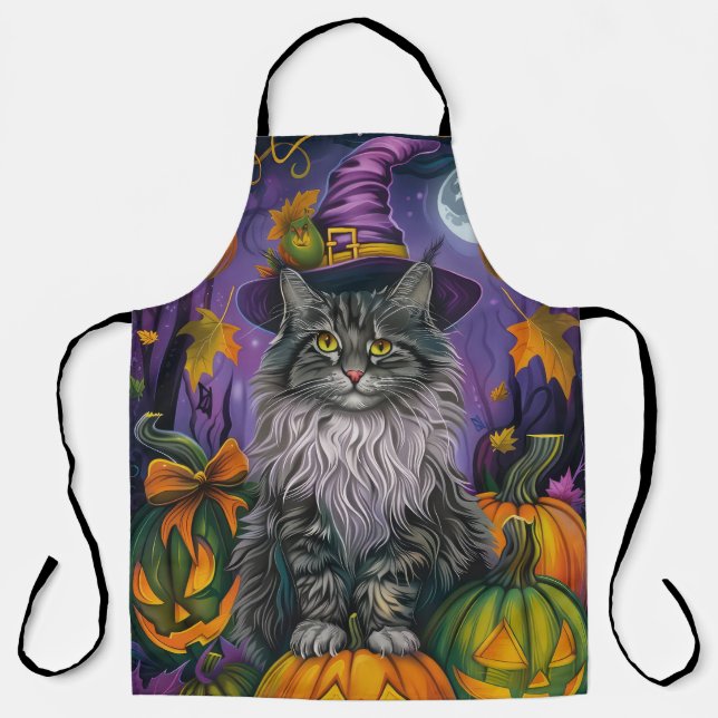Tablier Chat Sibérien éffrayant Halloween sorcière et Citr (Recto)