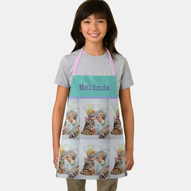 Tablier Chat Tabby Pastel Chats Enfants Rose Aqua Girls Ap (Insitu)