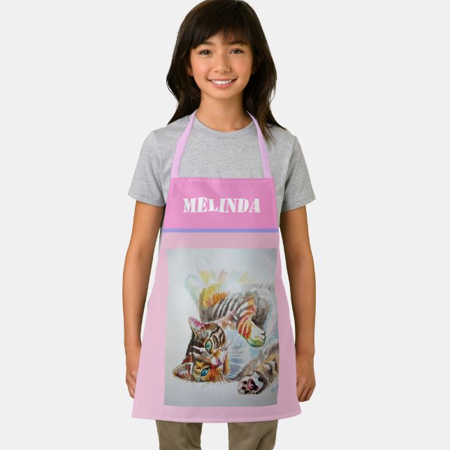 Tablier Chat Tabby Pastel Chats Enfants Rose Girls Apron (Insitu)