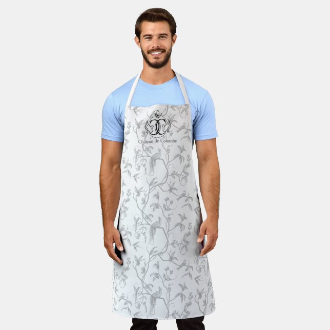 Tablier Château de Colombe Peacock toile apron (gris) (Porté)