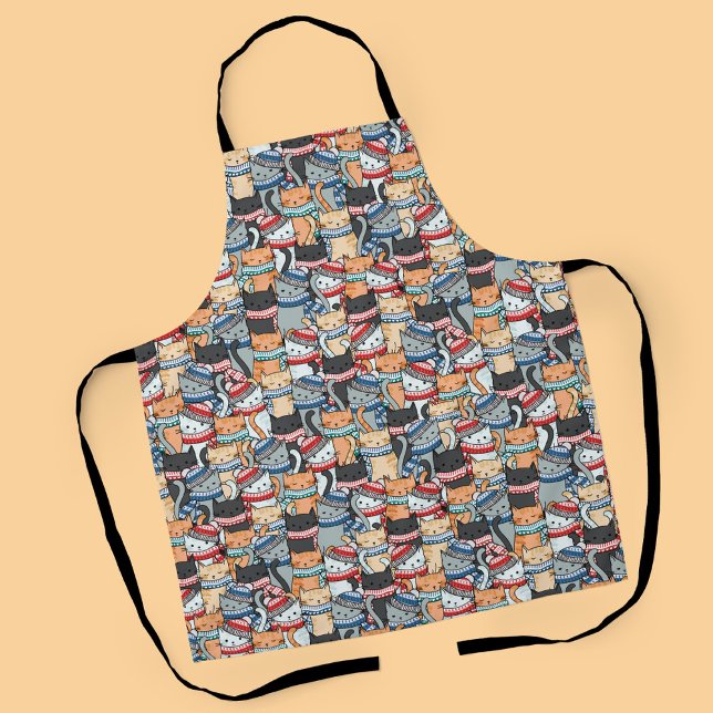 Tablier Chats en Écharpes d'hiver et Motif Casquette (Cats in Winter Scarves and Hats Pattern Apron)