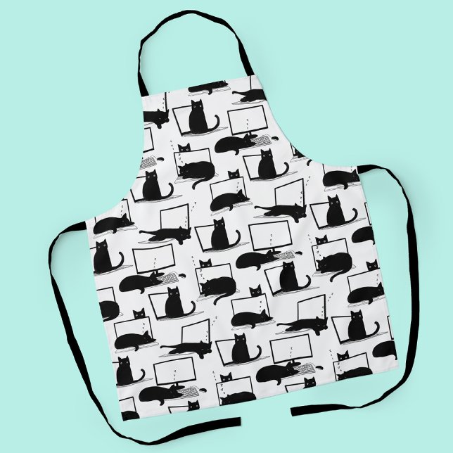 Tablier Chats noirs assis sur des ordinateurs portables Mo (Black Cats Sleeping on Laptops Pattern Apron)