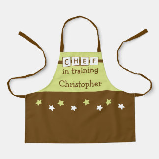 Tablier Chef Kid nom étoiles vert marron