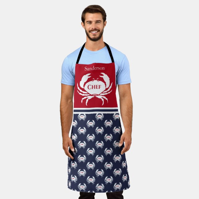 Tablier Chef Monogramme Rouge Blanc Marine Bleu Crabe Naut (Porté)