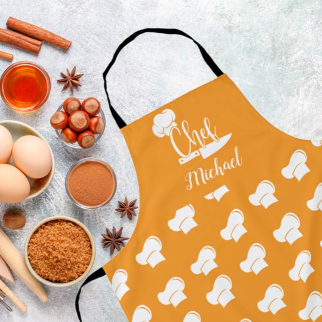 Tablier Chef personnalisé avec nom Orange & Blanc Chef Cas (Créateur téléchargé)
