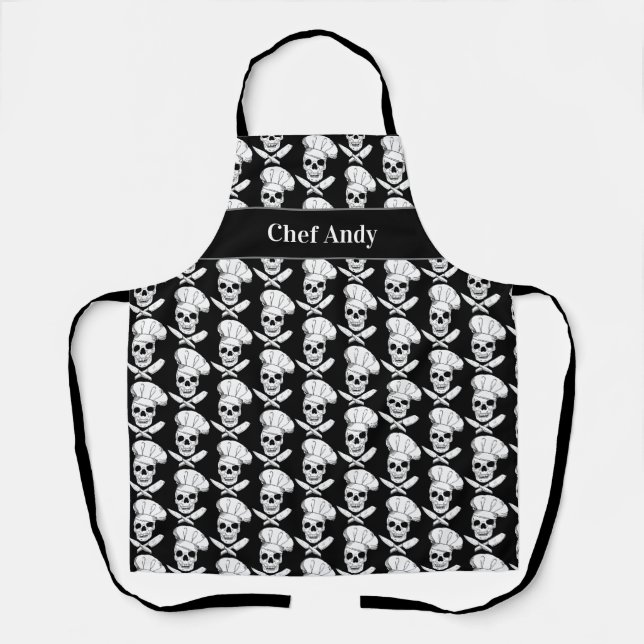 Tablier Chef Pirate Skuls et couteaux Noir et Blanc (Recto)