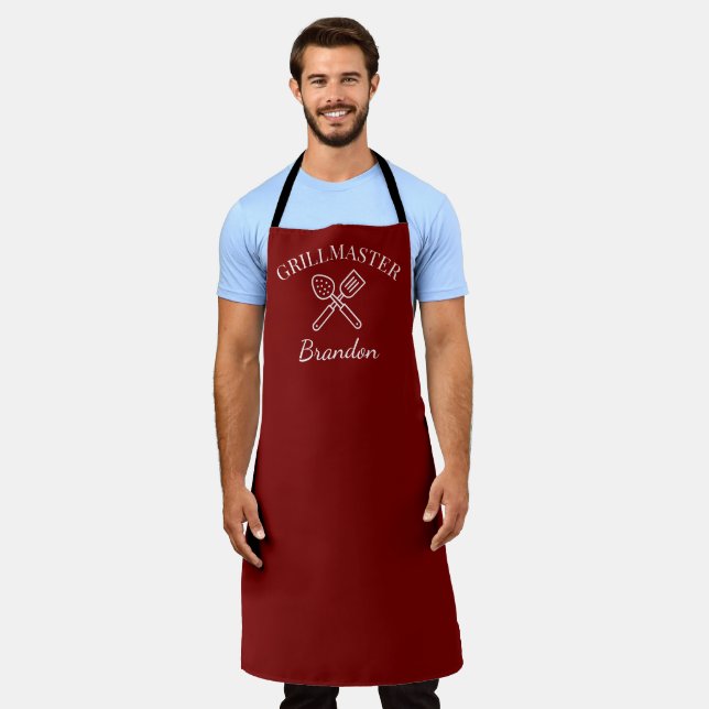 Tablier Chef rouge élégant homme Nom Grillmaster moderne (Porté)