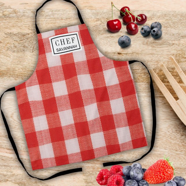 Tablier Chèque rouge nom de la boulangerie Serviettes de c (Créateur téléchargé)