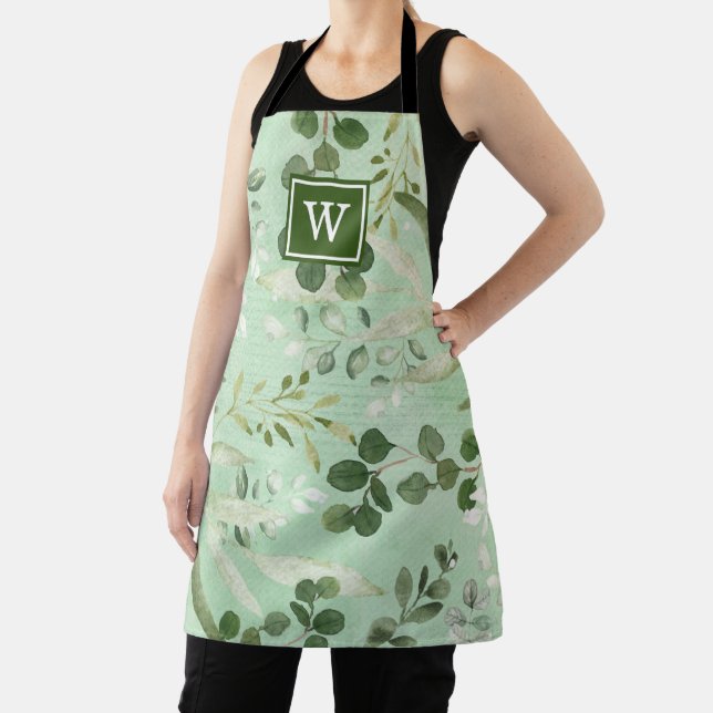 Tablier Chic Botanical Greenery Feuilles Monogramme (Insitu)