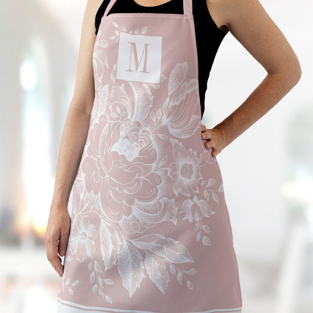 Tablier Chic Français Agricole Peony Monogramme rose clair (Créateur téléchargé)