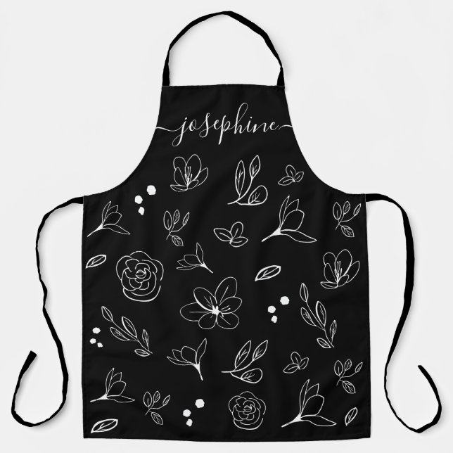 Tablier Chic noir blanc floral minimal personnalisé (Recto)