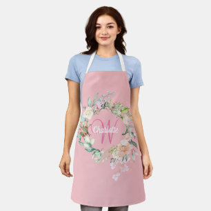 Tablier Chic Roses d'été rose pâle Premier Monogramme