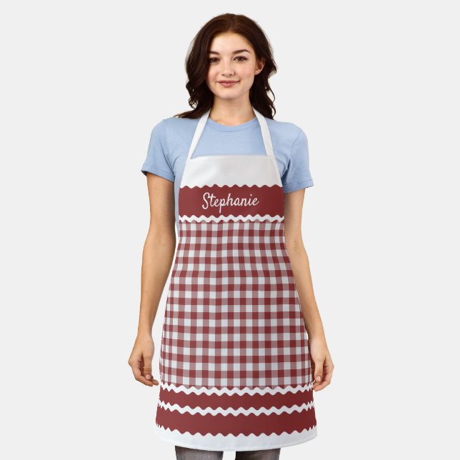 Tablier Chic Rouge blanc En vichy Plaid personnalisé (Porté)