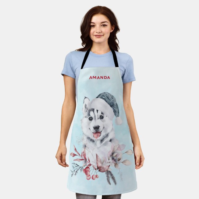 Tablier Chien de Noël Husky dans un chapeau de Père Noël (Porté)